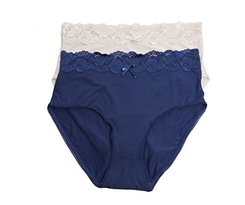 kathy ireland Womens 2 Pack High Waist Lace Trim Brief Panties Plus 3X-L Blu/Nud
