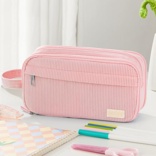 Image of Sooez High Capacity Pencil Case, Soft Corduroy Pencil Pouch with 4 Compartments, Multiple Pockets, Large Pencil Bag with Sturdy Zipper, Cute Pencil Case Pouch Organizer for Student Teen Girls, Pink