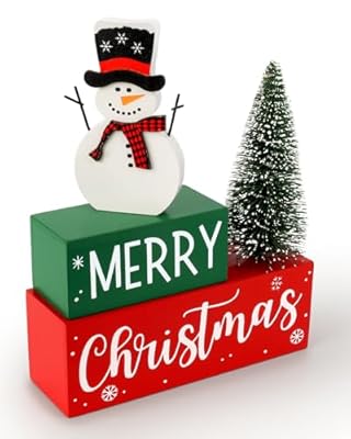 Christmas Decor Indoor, Wooden Christmas Signs with LED Lighted Christmas Tree & Snowman for Coffee Table, Tiered Tray, Shelf and Mantel - Christmas Decorations for Home/Holiday Decor