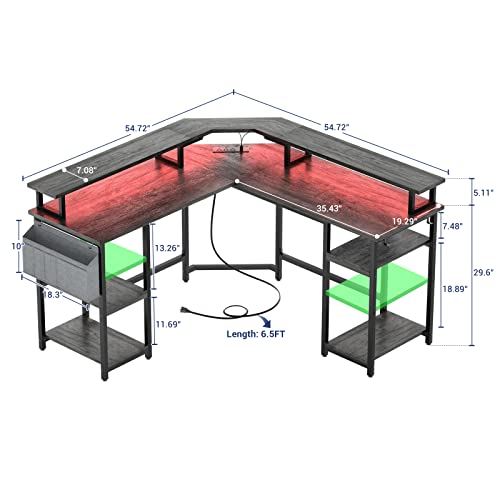 Aheaplus L Shaped Gaming Desk With Power Outlets & Led Lights, L- Shaped Desk Computer Corner Desk With Monitor Stand And Storage Shelf, Home Office Desk Writing Desk With Storage Bag, Grey Oak #TOP6