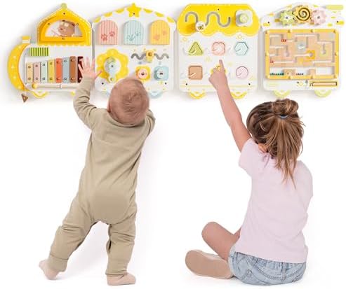 ROBUD Montessori Busy Board, 12-in-1 Wand-Aktivitätsboard, Gelb | Lernspielzeug ab 18 Monaten, mit Xylophon, Trommel, Wettertafel, Uhr, Formen & Magnetlabyrinth