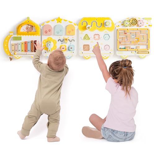 ROBUD Activity Wall Busy Board Spring Train Montessori Busy Board 12-in-1 Wooden Sensory Wall Panel Montessori Sensory Wall Panel for Boys & Girls Ideal for Toddler Playroom Nursery Classroom