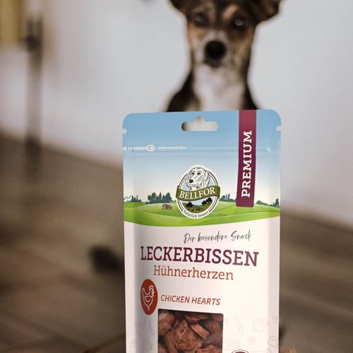 Bellfor Leckerbissen für Hunde Hühnerherzen Hundefutter - 50 g. Gefriergetrockneter Hundesnack. Getreidefreies Hundeleckerli, proteinreich und leicht verdaulich, ohne künstliche Zusätze.