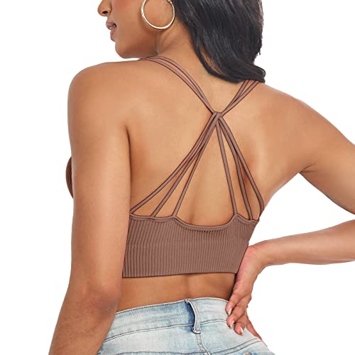 Vertvie Women Strappy Sports Bra Workout Padded Criss Cross Backless Open Back Sports Bra Seamless Ribbed Tank Tops(Coffee,S) #TOP8