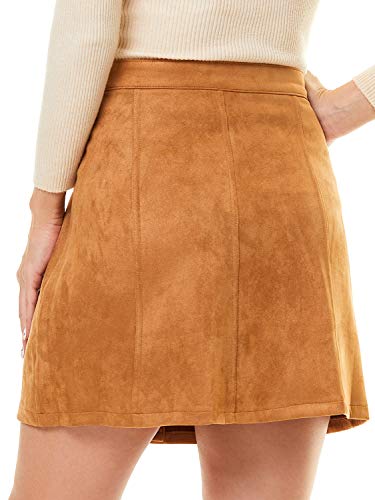 Persun Women's Faux Suedettte Button Closure Plain A-line Mini Skirt, Kahki, L