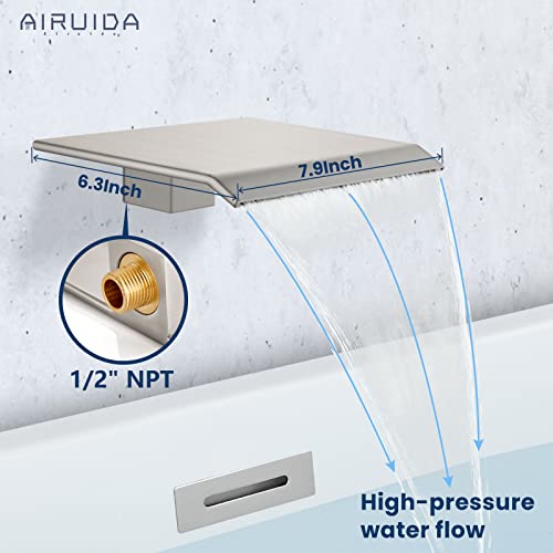 Airuida Brushed Nickel Wall Mounted Bathtub Faucet With Handheld Shower Sprayer Waterfall Spout With Modern Single Handle Wall Mount Tub Filler Hot And Cold Water Mixer Brass Roung-In Valve #TOP3