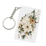 Woshuwo Llavero acrílico blanco de flores de Pascua de Navidad con rosas de jardín, llaveros de moda, cadenas acrílicas para coche, etiquetas para hombres y mujeres