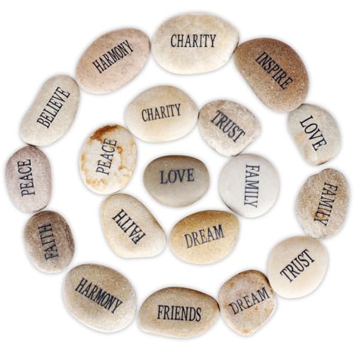 Barelove 12pcs DIY Rocks for Engraved Polished Painting River Stones 12 Different Words, Inspirational Stones Flat River Rocks for Arts, Crafts, Aquarium Plants Decoration (White-Black Words)