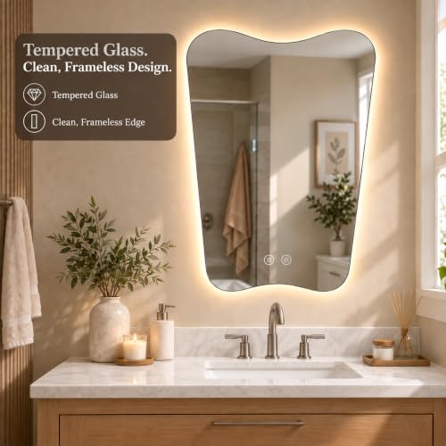 24 x 36 Inch Irregular LED Bathroom Mirror for Single-Sink Vanity Backlit bathroom mirror with lights; 3000K Warm, 4000K Natural, 6000K Cool; dimmable; heated anti-fog area; tempered glass - image 6