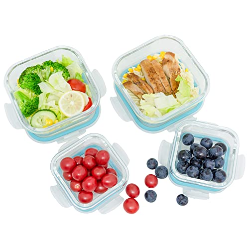 Rosos Glass Food Storage Containers With Lids Airtight 4 Pack, Glass Storage Containers With Lids For Food, Not Easy Broken & Leak Proof, Glass Containers With Lids For Oven/Dishwasher Safe, Blue #TOP1