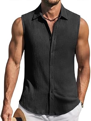 COOFANDY Men Sleeveless Beach Shirt – Summer Knit Tank Top with Black Button-Down, Breathable Casual...