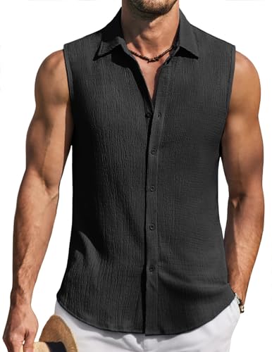 COOFANDY Men Sleeveless Beach Shirt – Summer Knit Tank Top with Black Button-Down, Breathable Casual Medium Fit