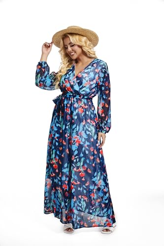 Image of lvenzse Womens Maxi Dress Boho Chiffon Floral Printed Long Party Dresses Plus Size with Belt (FBA)