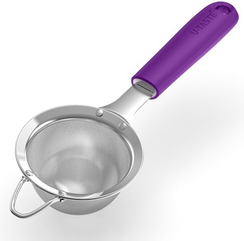 U-Taste Small Fine Mesh Strainer: 18/8 Stainless Steel 3.35in 30 Mesh Kitchen Food Sieve with Sturdy Riveted Silicone Handle, Heavy Duty Deep Handheld Metal Colander for Tea, Juice (Purple)