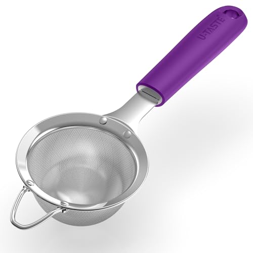 U-Taste Small Fine Mesh Strainer: 18/8 Stainless Steel 3.35in 30 Mesh Kitchen Food Sieve with Sturdy Riveted Silicone Handle, Heavy Duty Deep Handheld Metal Colander for Tea, Juice (Purple)