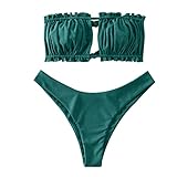 ZAFUL Damen Trägerloser Gerippter Rüschenausschnitt Bandeau Bikini Set Badeanzug (L, dunkelgrün)