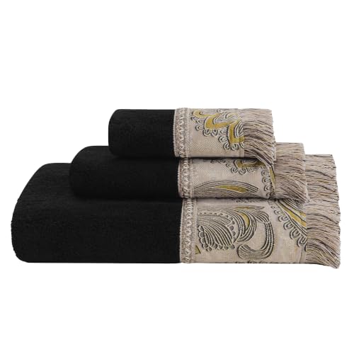 Loom and Mill Luxury Cotton Bath Towel Set 3 Piece, Black-Taupe Gold