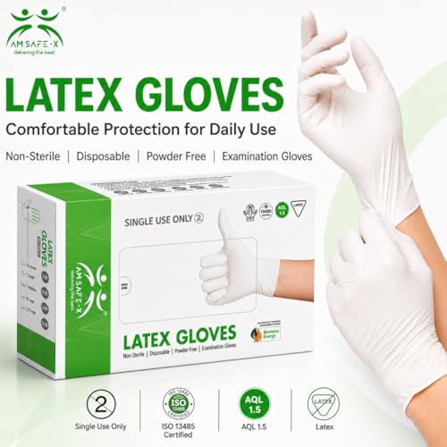 Image of AM Safe White Latex Disposable Gloves | Powdered | Food Handling | Multipurpose Gloves for Kitchen, Cleaning, Cooking, Housekeeping & Household Use | 80 Pcs | Large