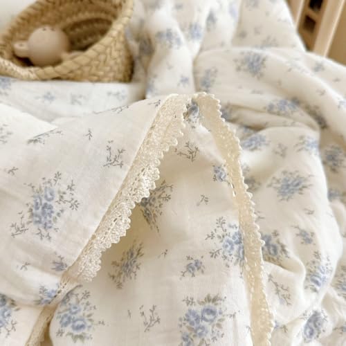 Image of BuLuTu Chic Shabby Blue Flower Print Kids Quilted Blanket Muslin Cotton Toddler Quilt with Lace Edges Soft Lightweight Kids Comforter for Girls Boys, All Seasons, 60x78 Inches