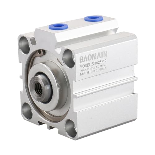 Baomain SDA25x10 Compact Thin Air Cylinder,0.98 inch(25 mm),Stroke 0.39 inch(10 mm), Double-Acting, Single Rod, Aluminum Body for Small Machinery and Industrial Automation