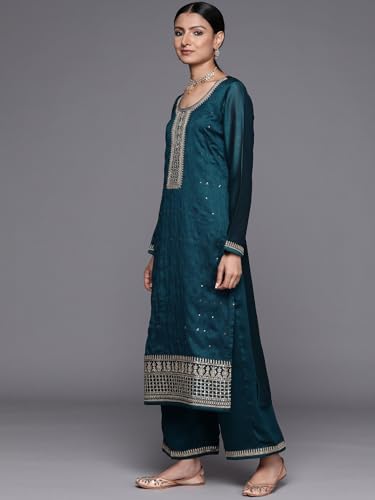 Image of Libas Womens Embellished Silk Blend Straight Kurta With Palazzos and Dupatta