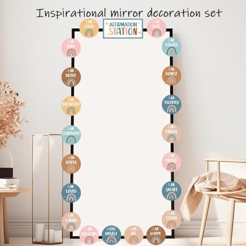 Image of BOHO Affirmation Station Bulletin Board Set Rainbow Positive Bulletin Board for Classroom Mirror Growth Mindset Decoration Inspirational Motivational Accent Cutouts for Home School Teacher Wall Supply