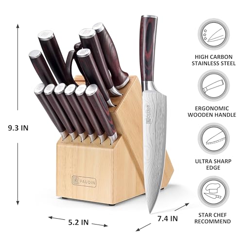 PAUDIN Kitchen Knife Set with Block, 14 Pieces Knife Sets for Kitchen with Block, High Carbon German Stainless Steel Sharp Chef Knife Set with Ergonomic Pakkawood Handle - Image 4