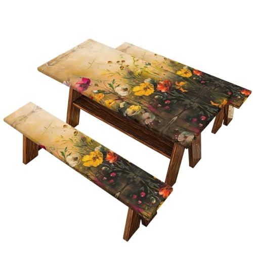 Yuresuaet Floral Paintingh Print Windproof Picnic Table Cover with Bench Covers Set for for Road Trip Camping Gear Accessories 30'' x 72'' Table Cloth 3 in 1
