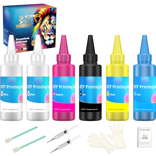 GEVANCY DTF Ink Set,600ML Upgraded Anti Sedimentation Formula Premium Transfer Ink for DTF Printer Refill Compatible with XP600 I1800 F1080 DX5 DX7 8550 and More, C M Y K W W, 20oz