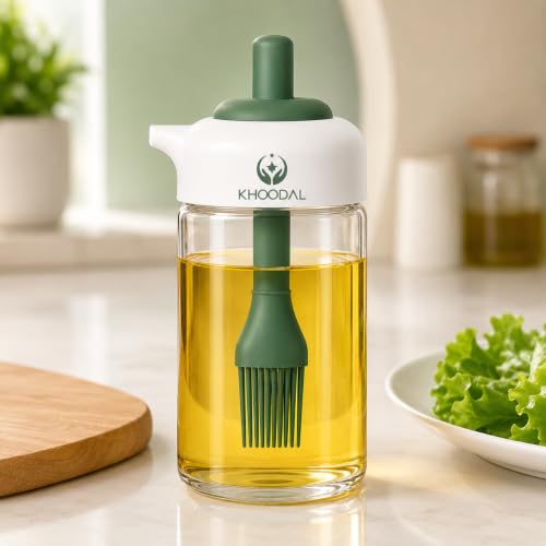KHOODAL 250ml 2-in-1 Glass Oil Dispenser with Silicone Basting Brush, Multipurpose Bottle for Kitchen Cooking, Dosa Tawa, Baking, BBQ & Marinating (Pack of 2, Multicolor)