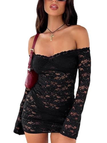 Womens Sexy Off Shoulder Lace Dresses Long Sleeve See Through Bodycon Mini Dress Y2K Dress Birthday Date Night Outfit