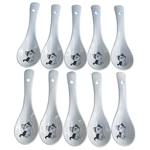 Set of 10 Asian Soup Spoons with Cat Pattern, 5.4 inch Ceramic Chinese Soup Spoons, Porcelain Spoons for Cereal Ramen Appetizers Desserts Wonton Dumpling, Deep Scoop Porcelain Spoons, Dishwasher Safe Cover