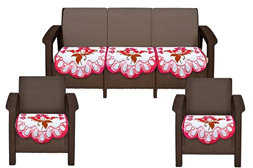 Image of The Furnishing Tree Cotton Floral Knitted Pattern 5 Pieces Bottom only 5 Seater Sofa Cover Set Pink