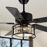 Dawn Whisper 52 Inch Chandelier Ceiling Fans with Lights and Remote Quiet and Reversible DC Motor Black Caged Modern Ceiling Fan for Bedroom Living Room