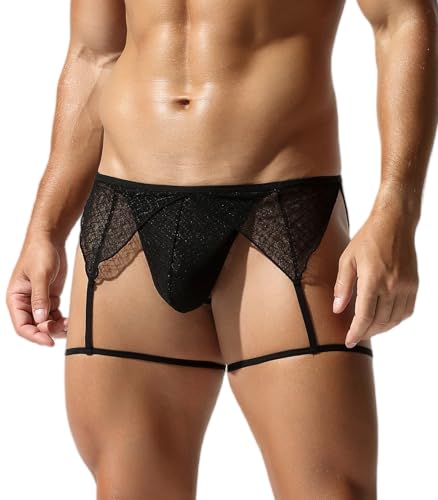 Panegy Mens Lace Thongs with Garter Skirt Set Transparent Pouch Bikini Lingerie Sexy Thong Panties 2 Piece