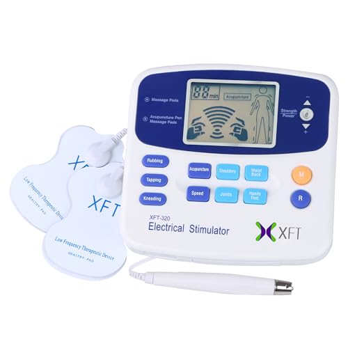 XFT 320A TENS para el alivio del dolor función de masaje, incluye 4 electrodos, con pluma de acupuntura de 11 modos, Color Blanco