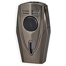 Lotus Fury Cigar Lighter with Double Pinpoint Torch Flames, Single Action Ignition, All Metal Housing, Integrated Cigar Punch, Tinted Fuel Level Window Gunmetal