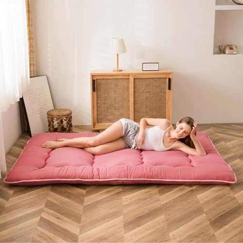 Image of MAXYOYO Japanese Futon Mattress Twin Size Floor Mattress, Thicken Tatami Mat Sleeping Pad Roll Up Mattress Floor Folding Couch Mattress Pad for Guest Room, Pink, Twin
