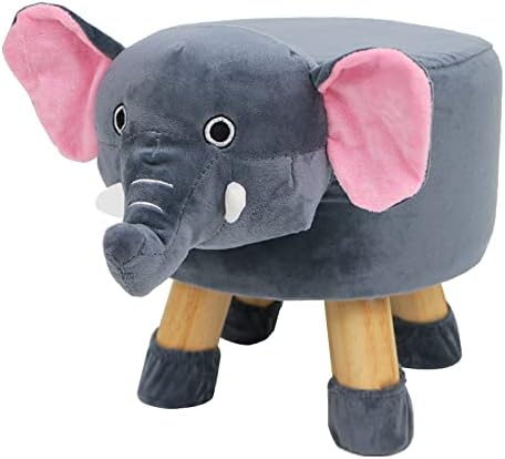 Plush Animal Velvet Footstool Upholstered Padded Stool Ottoman Pouffe Seat Chair Sturdy Wooden Legs (Elephant)