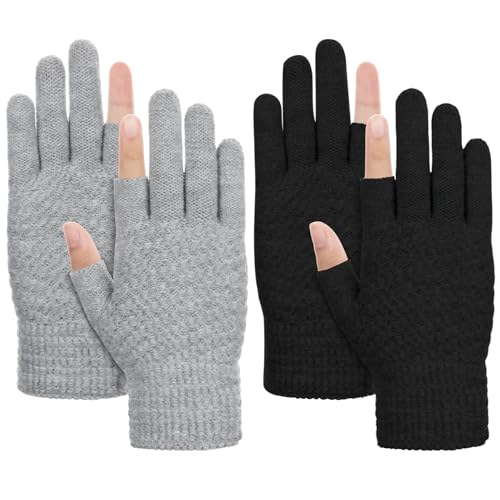 Kiiwah 2 Paare Fingerlose Handschuhe Damen, Halbfinger Warme Zwei-Finger-Handschuhe Winter touchscreen ohne Finger mit Weichem Innenfutter für Herren Damen