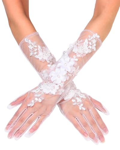 Campsis Lace Gloves White Bridal Lace Gloves Floral Tulle Glove for Women - Main Image