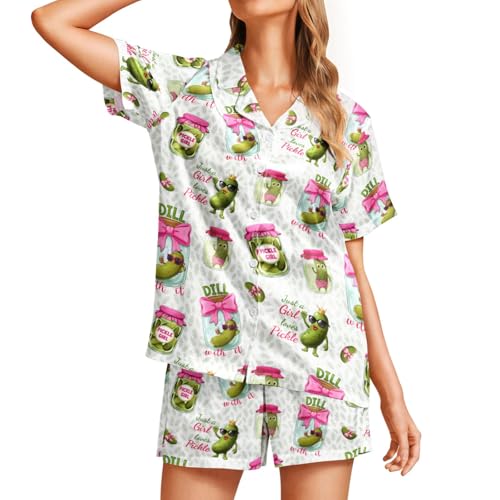 Image of Silk Satin Pajama Set for Women Summer Lounge Pjs Sets 2 Piece Suit Ladies Button Down Tops And Shorts Sleepwear