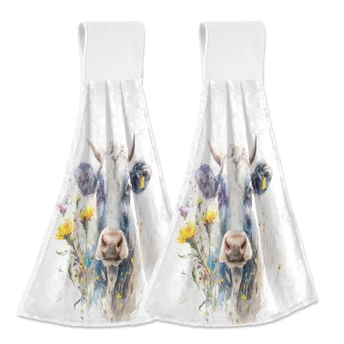 Boccsty Cow Daisy Flower in Its Mouth Farm Animal Portrait Hanging Kitchen Towels 2 Pieces Dish Cloth Tie Towels Hand Towel Tea Bar Towels for Bathroom Farmhouse Home
