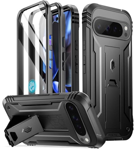 Poetic Revolution Case for Google Pixel 9 Pro XL 5G 6.8 inch, Built-in Screen Protector Work with Fingerprint ID, Full Body Military Grade Rugged Shockproof Protective Cover Case with Kickstand, Black