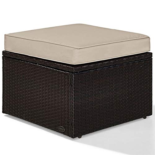 Pemberly Row Wicker Patio Ottoman with Sand Cushions