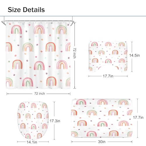 Image of Kids Girls Rainbow Shower Curtain Set Cute Girly Pink Bathroom Set | 4 PCS Bathroom Sets With 72Wx72H Inch Shower Curtain Non-Slip Bath Rug Toilet Lid Cover U Shape Mat
