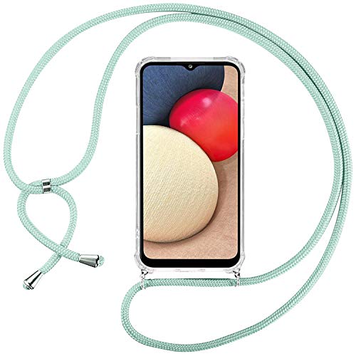 Ingen Funda con Cuerda para Samsung Galaxy A02S, Carcasa Transparente TPU Suave Silicona Case con Correa Colgante Ajustable Collar Correa de Cuello Cadena Cordón, Verde Cover