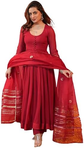 GoSriKi Women’s Rayon Viscose Anarkali Solid Kurta with Pant & Dupatta | Soft Comfortable Fabric | Elegant Flared Ethnic Wear Set for Festive Casual Office Daily Use