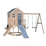 Wendi Toys M28-K Stelzenhaus mit Rutsche, Doppelschaukel, Spielküche aus FSC-Holz, Spielhaus Kinder Outdoor Garten mit Plattform 90 cm, Wasserhahn, Sandkasten, Zubehör, 330×405×242 cm