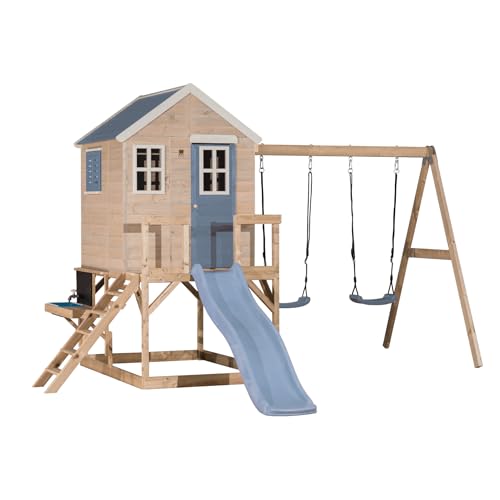 Wendi Toys M28PB-K Casa de zanco con tobogán, columpio doble y cocina de juguete de madera FSC, casa de juegos para niños al aire libre con plataforma de 90 cm, grifo, caja de arena y accesorios, 330